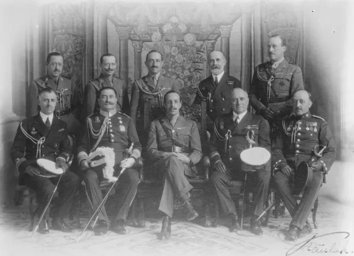 Framed Print : Our next royal visitor. King Alfonso, with all the members of his military staff Framed Print : Our next royal visitor. King Alfonso, with all the members of his military staff