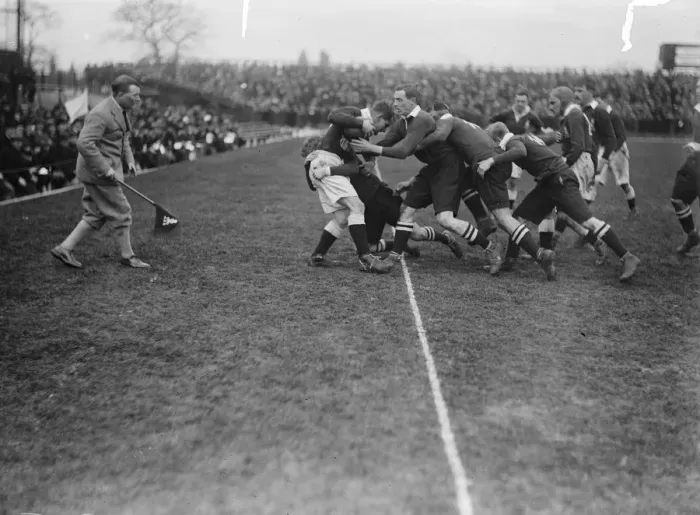 Framed Print : Rugby match between Army and Navy at Twickenham. An Army man tackled on the line