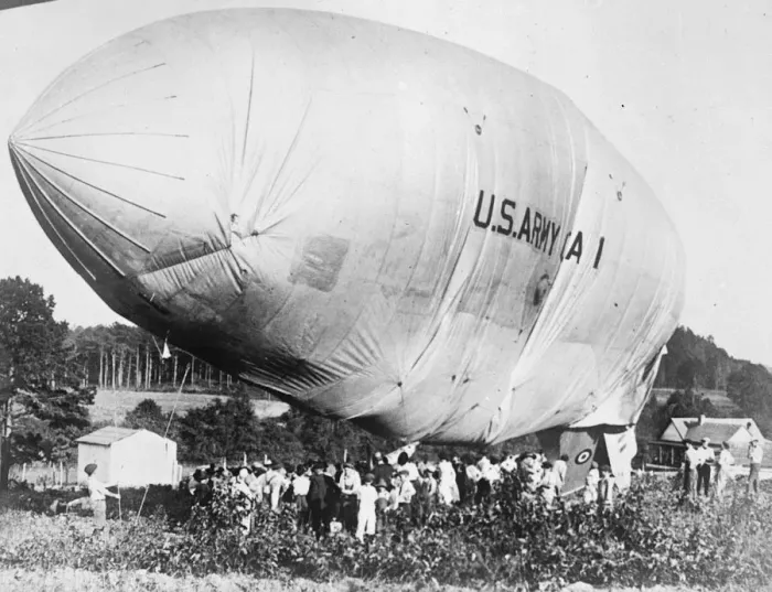 Framed Print : Runaway Army Airship crashes to earth. The US army airship A1 broke away from its Framed Print : Runaway Army Airship crashes to earth. The US army airship A1 broke away from its