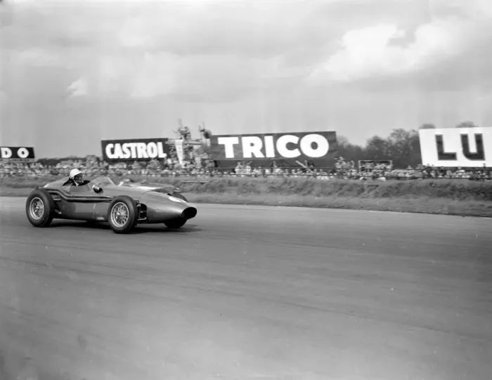 Framed Print : SALVADORI COMES SECOND. Silverstone; Roy Salvadori, driving an Aston Martin car Framed Print : SALVADORI COMES SECOND. Silverstone; Roy Salvadori, driving an Aston Martin car