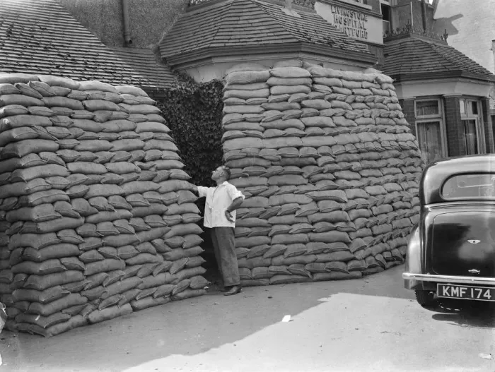 Framed Print : Sandbag protection for Livingstone Hospital at Gravesend, Kent. 1939 Framed Print : Sandbag protection for Livingstone Hospital at Gravesend, Kent. 1939