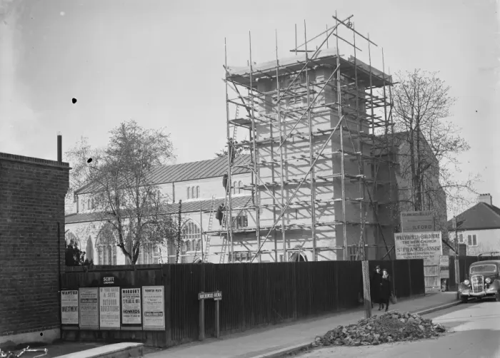 Framed Print : Scaffolding around the new Church, St Francis of Assisi, West Wickham. 1935 Framed Print : Scaffolding around the new Church, St Francis of Assisi, West Wickham. 1935