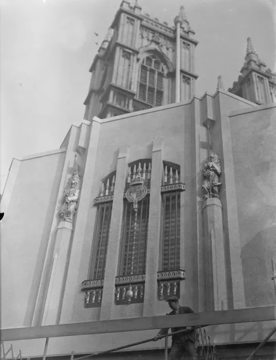 Framed Print : Scaffolding removed from Coronation annex, Royal Lions in position. facade of Framed Print : Scaffolding removed from Coronation annex, Royal Lions in position. facade of