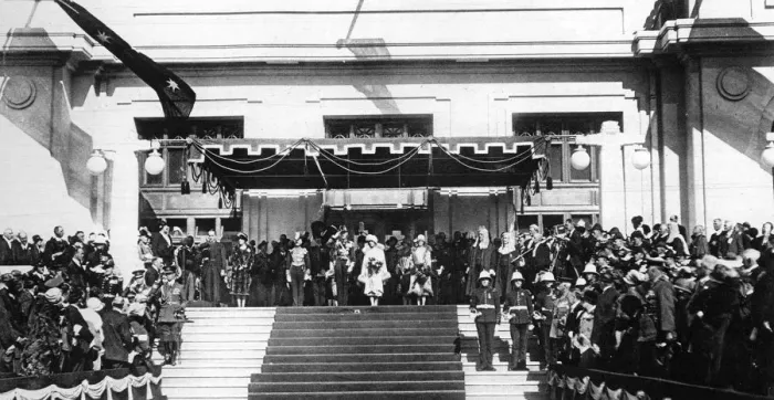 Framed Print : Scene outside the Parliament house, Canberra, showing left to right Mrs M Bruce (premier)