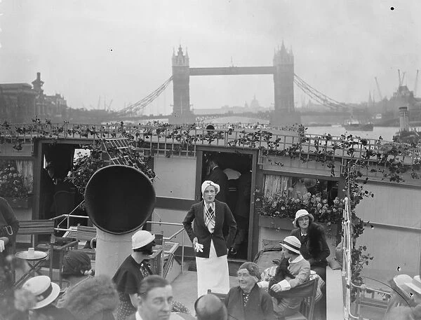 Scenes on board showboat on Thames. Mannequins displaying beach wear