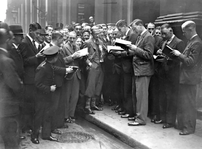 Framed Print : Scenes of excitement outside on the first occasion of Saturday Business since the war