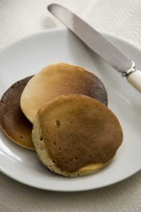Framed Print : Three Scotch pancakes on a white plate. credit: Marie-Louise Avery  /  thePictureKitchen