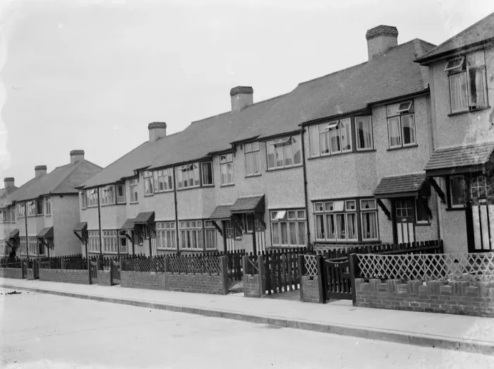 Framed Print : Semi detached houses on Savoy Road in Dartford, Kent. 1939 Framed Print : Semi detached houses on Savoy Road in Dartford, Kent. 1939