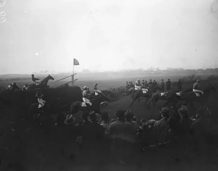 Framed Print : Sensational Grand National. Some of the field taking Bechers Brook. 31 March 1928 Framed Print : Sensational Grand National. Some of the field taking Bechers Brook. 31 March 1928