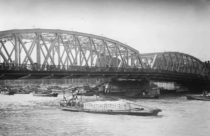 Framed Print : A Shanghai bridge fortified. The great new steel bridge across Soochow Creek Framed Print : A Shanghai bridge fortified. The great new steel bridge across Soochow Creek