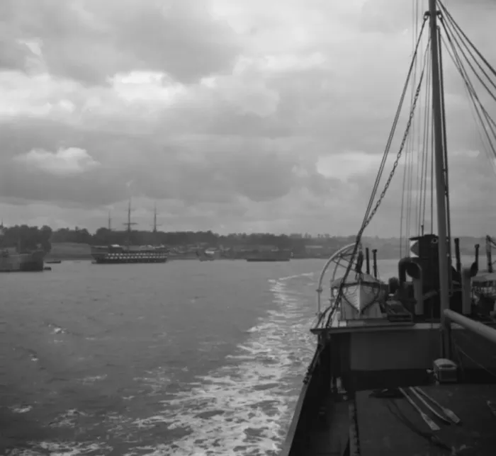 Framed Print : Ship steams up the river Thames past HMS Worcester in Greenhithe. 1936 Framed Print : Ship steams up the river Thames past HMS Worcester in Greenhithe. 1936