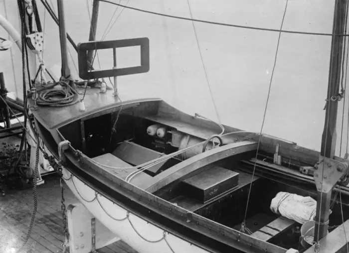 Framed Print : A ships lifeboat fitted with Marconi apparatus. The rectangular frame on top of Framed Print : A ships lifeboat fitted with Marconi apparatus. The rectangular frame on top of