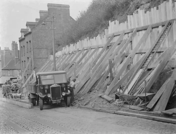Framed Print : Shoring up a landslide with wooden braces in Dartford, Kent. 1938 Framed Print : Shoring up a landslide with wooden braces in Dartford, Kent. 1938
