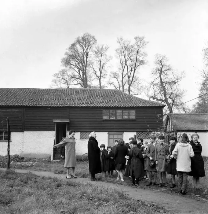 Framed Print : Sidcup, Kent; These children lined up outside an old barn in Sidcup, Kent are