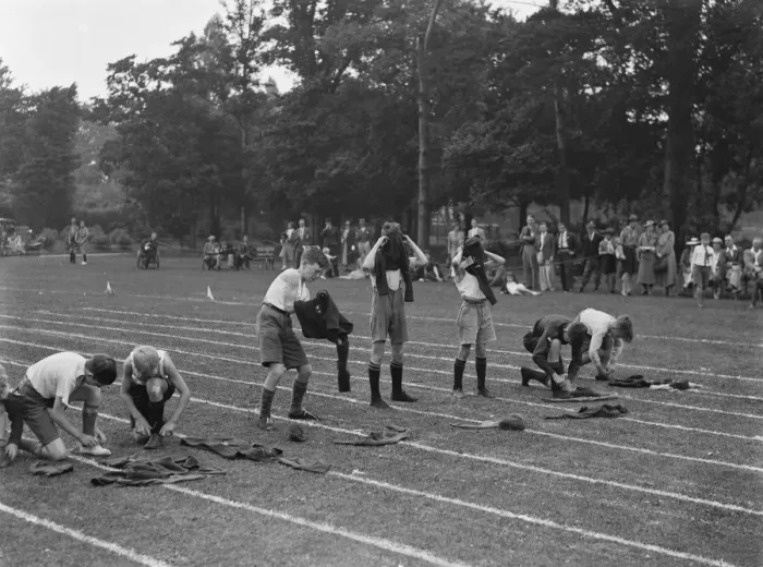 Framed Print : Sidcup scouts sports day. Getting changed. 1937 Framed Print : Sidcup scouts sports day. Getting changed. 1937