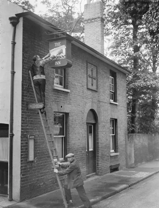 Framed Print : The sign of the White Cross Inn, public house, North Cray, Kent. 1935 Framed Print : The sign of the White Cross Inn, public house, North Cray, Kent. 1935