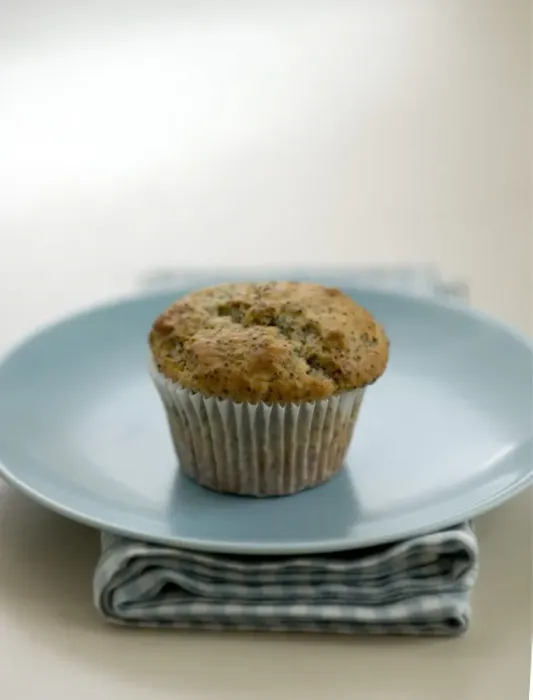 Framed Print : Single poppyseed muffin on blue plate on check napkin, on painted table. credit Framed Print : Single poppyseed muffin on blue plate on check napkin, on painted table. credit