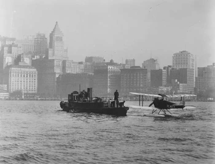 Framed Print : Sir Alan and Lady Cobham visit America. Sir Cobhams machine being towed Framed Print : Sir Alan and Lady Cobham visit America. Sir Cobhams machine being towed