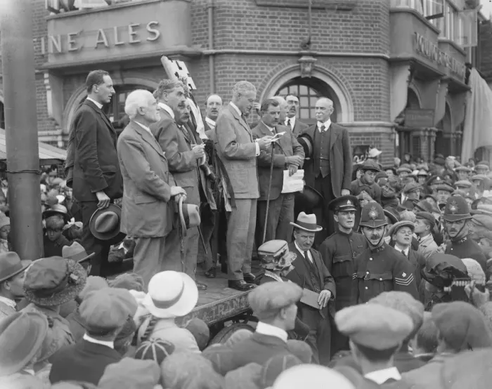 Framed Print : Sir Harry Mallaby Deeley opened the famous Mitcham Fair. He is seen reading Framed Print : Sir Harry Mallaby Deeley opened the famous Mitcham Fair. He is seen reading