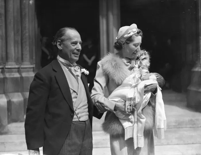 Framed Print : Sir William and Lady Garthwaite and their baby after the christening at St James Framed Print : Sir William and Lady Garthwaite and their baby after the christening at St James