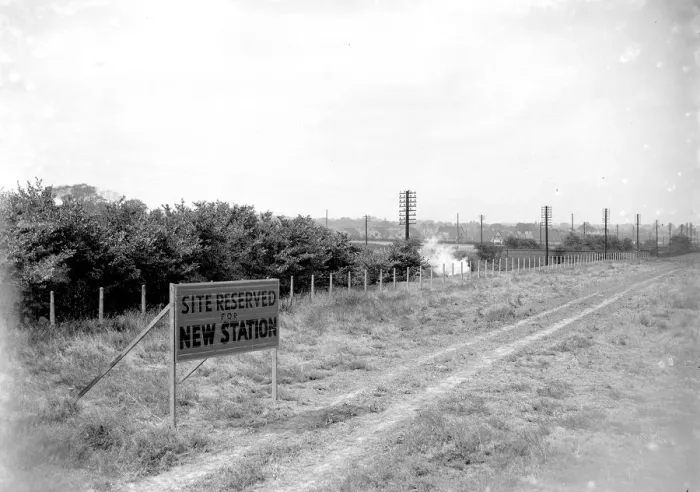 Framed Print : Site for New Station, Hoarding, Bexley, Kent. 1934 Framed Print : Site for New Station, Hoarding, Bexley, Kent. 1934