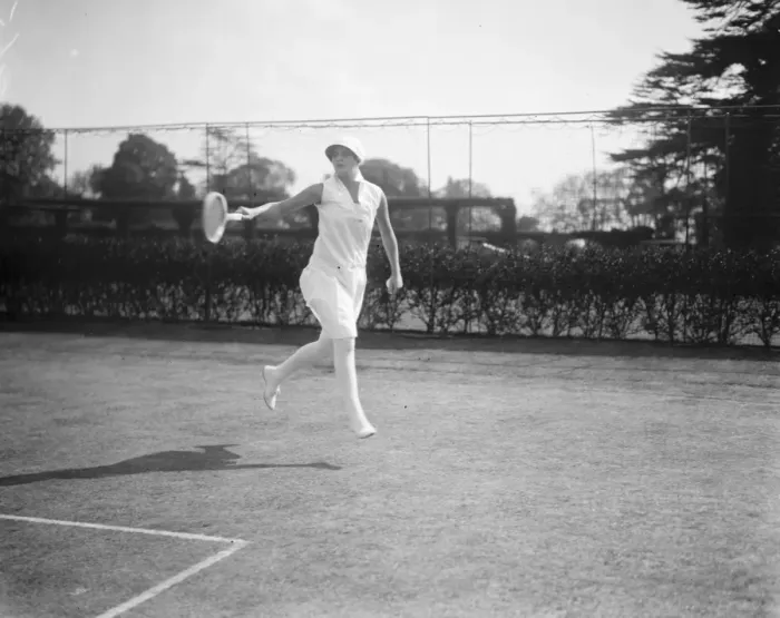 Framed Print : South African women tennis players practice at Hurlingham. Miss Heine in play Framed Print : South African women tennis players practice at Hurlingham. Miss Heine in play