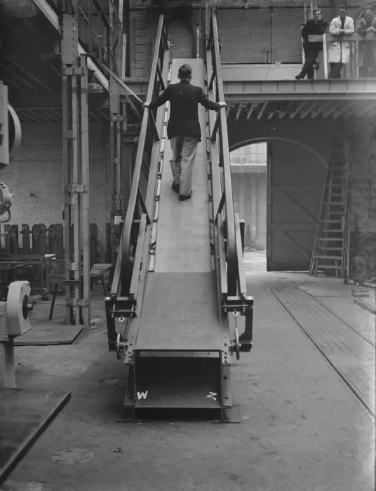 Framed Print : Sovex Ltd moving belt escalator in Erith, London. 4 April 1939 Framed Print : Sovex Ltd moving belt escalator in Erith, London. 4 April 1939