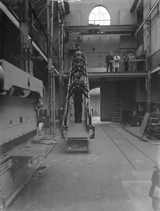 Framed Print : Sovex Ltd moving belt escalator in Erith, London. 4 April 1939 Framed Print : Sovex Ltd moving belt escalator in Erith, London. 4 April 1939