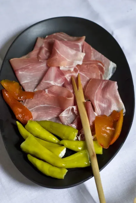 Framed Print : Spanish Serano dried ham with stuffed, green, chilli peppers and Hawaiin pickled mango Framed Print : Spanish Serano dried ham with stuffed, green, chilli peppers and Hawaiin pickled mango