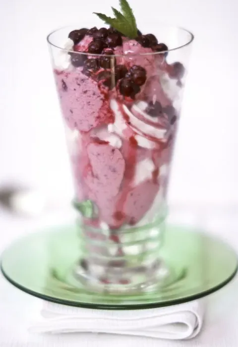 Framed Print : Spectacular dessert of ice cream with blackcurrants and fresh fruit coulis topped Framed Print : Spectacular dessert of ice cream with blackcurrants and fresh fruit coulis topped