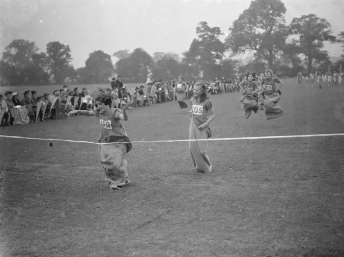 Framed Print : Sports day at Hillside School in Eltham, Kent. The sack race. 1939