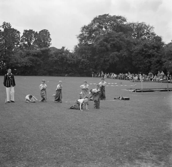 Sports day at Merton Court School in Sidcup, Kent. The boys sack race