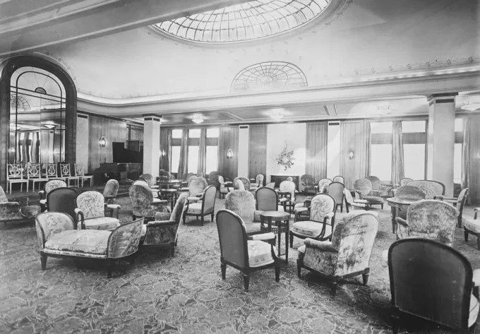 Framed Print : SS Paris The drawing room ( raised platform with piano and row of chairs on extreme left