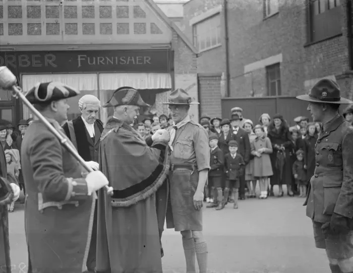 Framed Print : St Georges day scout parade at Dartford in Kent. The Mayor presents a medal