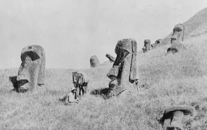 Framed Print : Two Statues of monolithic human figures carved from rock on the island of Easter
