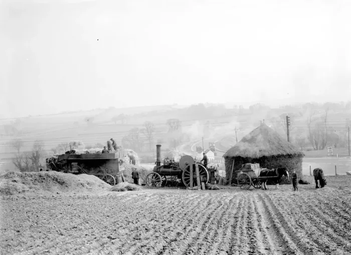 Framed Print : Steam threshing machines travelled from farm to farm. Water for the engine was brought Framed Print : Steam threshing machines travelled from farm to farm. Water for the engine was brought