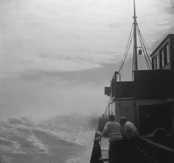 Framed Print : Steamship navigating through rough seas. 1936