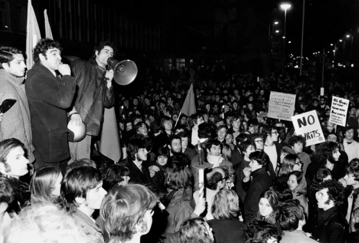 Framed Print : A student leader addresses the crowd of about 2, 000 students outside the Financial Framed Print : A student leader addresses the crowd of about 2, 000 students outside the Financial