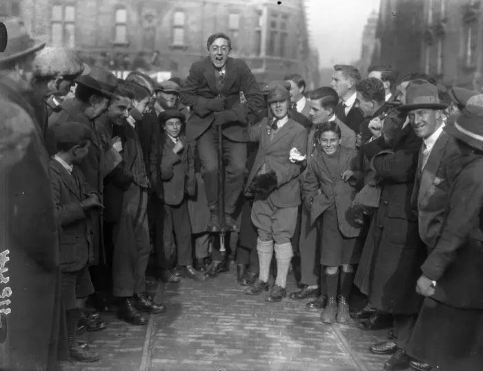 Framed Print : A student on a Pogo stick at at Cambridge 13th November 1921