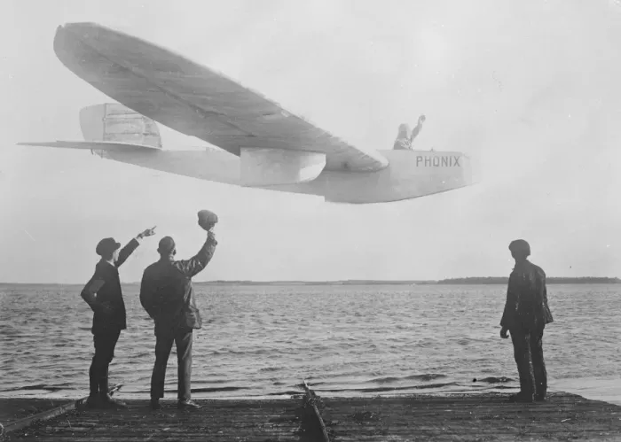 Framed Print : Successful Flight of Motorless Seaplane The German Phoenix seaplane glider on its Framed Print : Successful Flight of Motorless Seaplane The German Phoenix seaplane glider on its