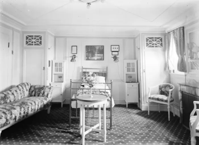 Framed Print : Suite on Berengaria. The bedroom. 1 July 1924 Framed Print : Suite on Berengaria. The bedroom. 1 July 1924