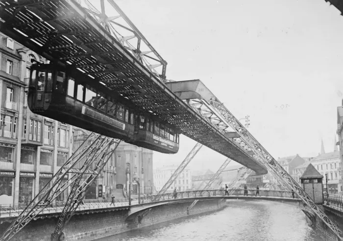 Framed Print : The suspension railway crossing the River Wupper. 28 September 1923 Framed Print : The suspension railway crossing the River Wupper. 28 September 1923
