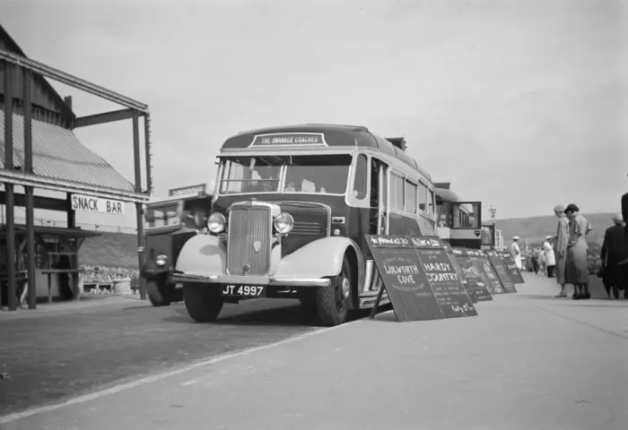 Framed Print : Swanage tour coaches on the sea front in Swanage, Dorset. 1936 Framed Print : Swanage tour coaches on the sea front in Swanage, Dorset. 1936