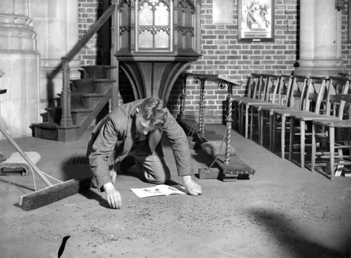 Framed Print : Sweeping and counting flies in a church in Swanley, Kent. 1934 Framed Print : Sweeping and counting flies in a church in Swanley, Kent. 1934