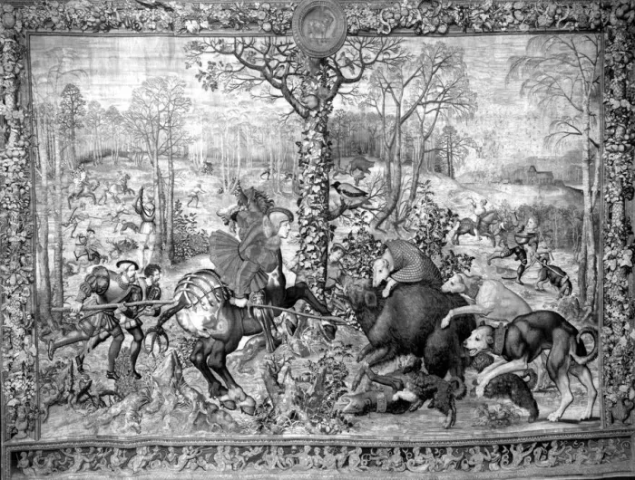 Framed Print : Tapestry showing a hunting scene in December capricorne hunting the boar from Framed Print : Tapestry showing a hunting scene in December capricorne hunting the boar from