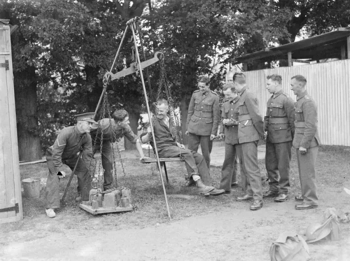 Framed Print : Territorial Army recruits at camp in Chichester, Sussex. Weighing machine. 1939