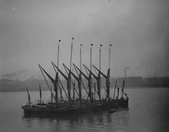 Framed Print : Thames barges moored up on the river. 1939 Framed Print : Thames barges moored up on the river. 1939