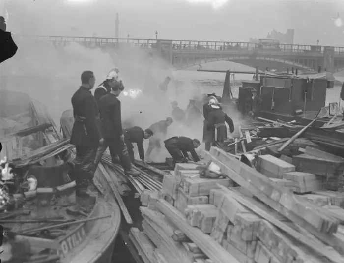 Framed Print : Timber barge on fire at Vauxhall, London