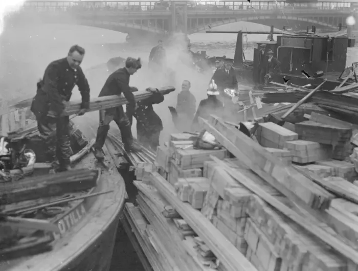 Framed Print : Timber barge on fire at Vauxhall, London Framed Print : Timber barge on fire at Vauxhall, London