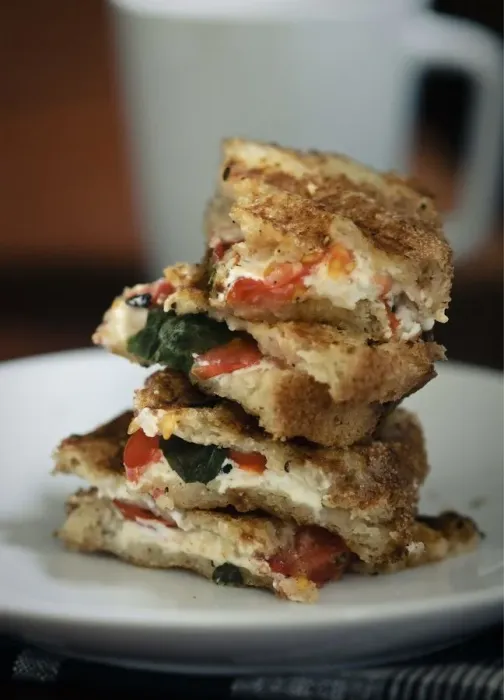 Framed Print : Toasted sandwich of gluten free bread with goats cheese feta, tomatoes and basil